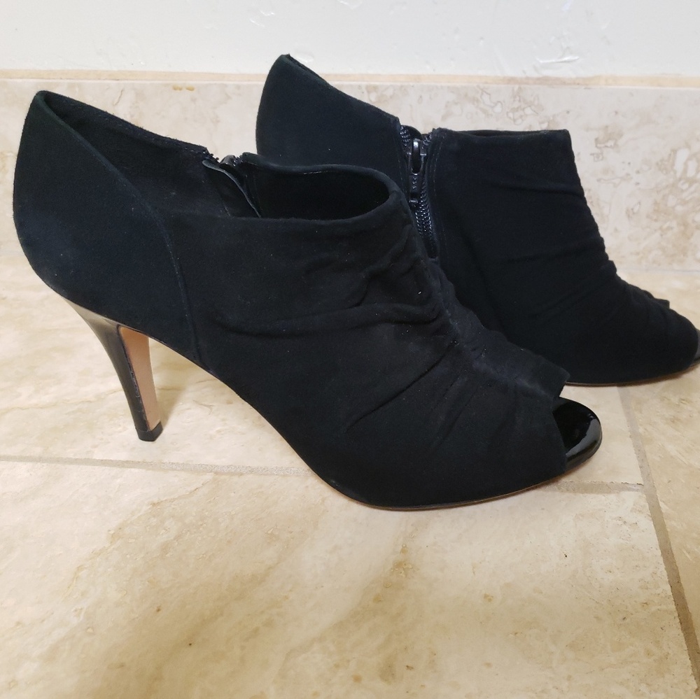 ANTONIO MELANI BLACK RUCHED SUEDE BOOTIES PEEP TOE